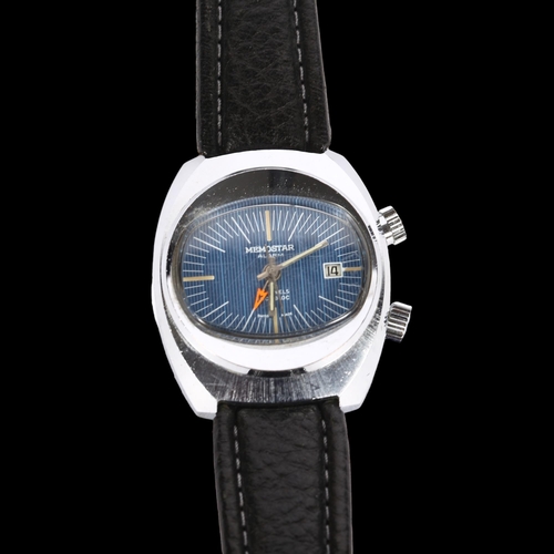 975 - MEMOSTAR - a Vintage mechanical wristwatch with alarm, 1970s, blue dial and chrome cased (1 crown lo... 