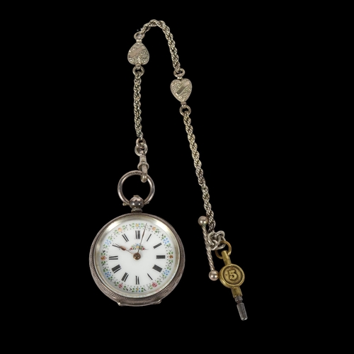 980 - A lady's Continental engraved silver-cased fob watch, with floral decorated enamel dial and Roman nu... 