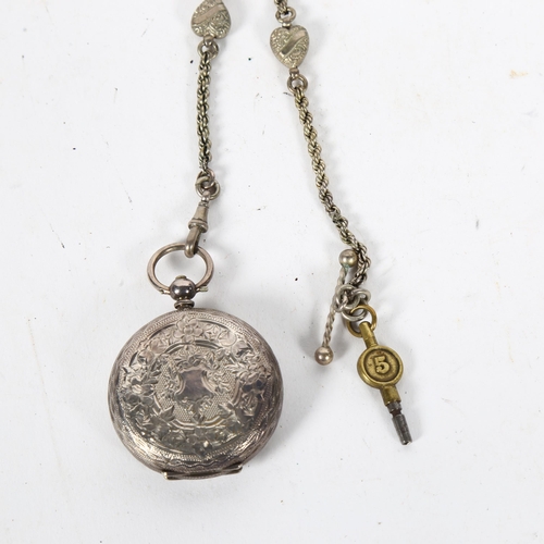 980 - A lady's Continental engraved silver-cased fob watch, with floral decorated enamel dial and Roman nu... 