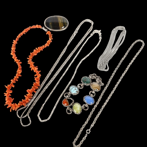 989 - A coral necklace, a silver and agate brooch, various other necklaces and bracelet