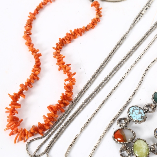 989 - A coral necklace, a silver and agate brooch, various other necklaces and bracelet