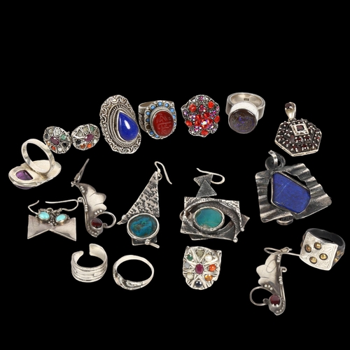 990 - Various silver costume jewellery, including a lapis set ring and pendant, stylised earrings etc