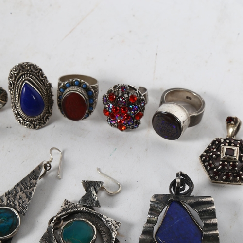 990 - Various silver costume jewellery, including a lapis set ring and pendant, stylised earrings etc