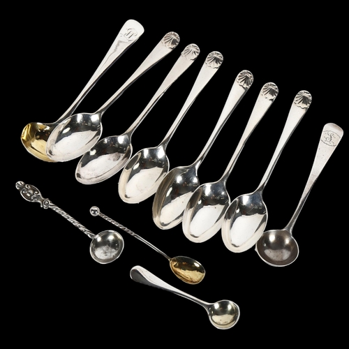 991 - A set of 6 silver coffee spoons, London 1937, 5 Georgian and other condiment spoons, 3oz