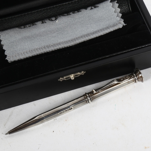 994 - A Yard-O-Led silver pen, with amethyst stone set end, with original box and leather case