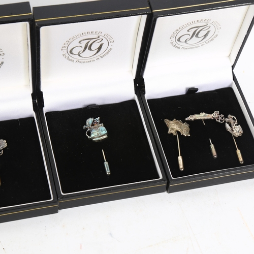 996 - THOROUGHBRED GUILD - a group of 9 silver tie pins, with various motifs, including ship's wheel, a ca... 