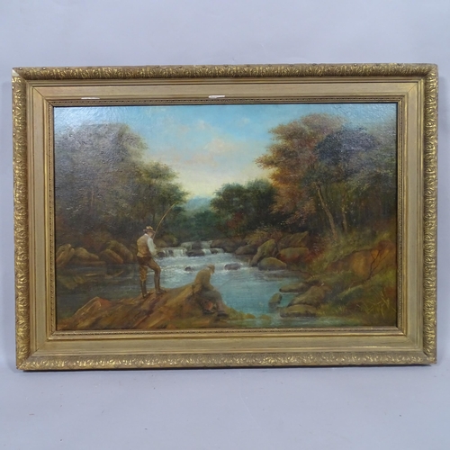 2819 - Oil on canvas, salmon fishing, reverse of canvas has print G. Rowney & Co, London, unsigned, 63cm x ... 