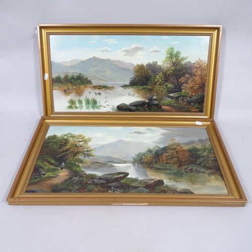 2823 - A pair of oils on canvas, panoramic views, with figures fishing, signed in Chinese, with gilt frame,... 