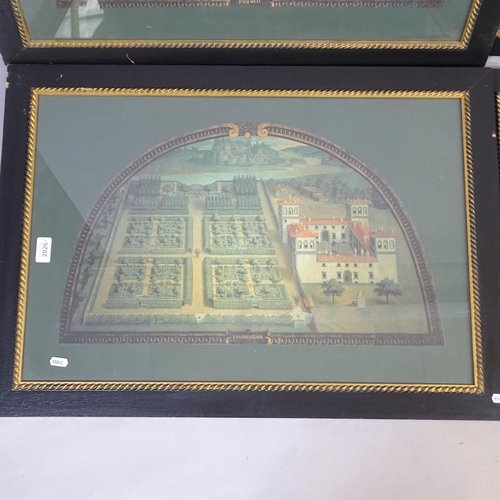 2826 - A group of 4 Italian framed prints, depicting country houses and grape vineyards, in half round form... 