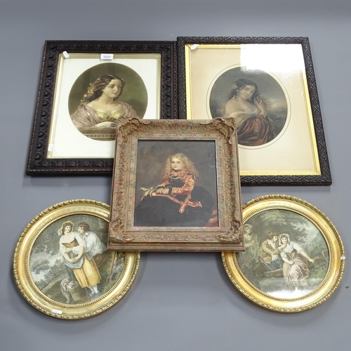 2829 - A pair of Bartolozzi style oval prints, diameter 31cm, and 2 other engravings etc (5)