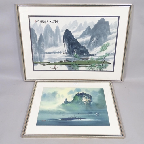 2832 - 2 similar Chinese watercolours with fishermen to foreground and mountains in the background, signed ... 