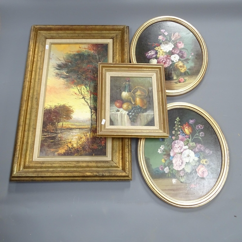 2834 - A still life oil on board, a pair of still life oval-framed images of flowers in vases, and a late 2... 