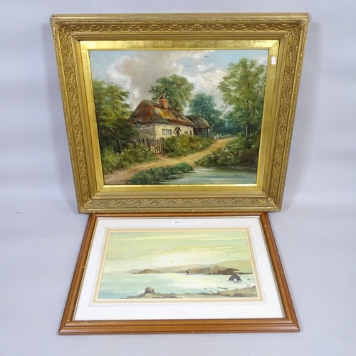 2836 - An oil on canvas, landscape scene of a thatched cottage, signed F Dalton to bottom right-hand corner... 