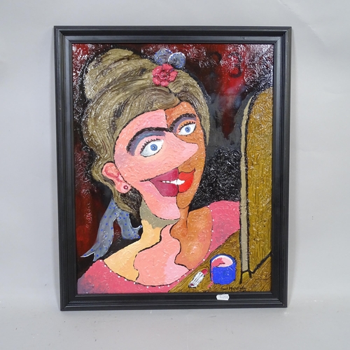 2838 - Carol Maddison, acrylic on board, abstract portrait of a lady applying lipstick, 58cm x 46cm, framed