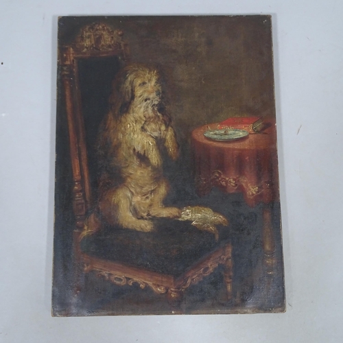 2847 - A Victorian oil on canvas, a dog standing on hind legs on a chair presenting a frog to owner, galler... 