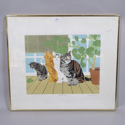 2851 - Ken Fleming, screenprint of 4 cats sitting under a pot plant, 58cm x 66cm, framed