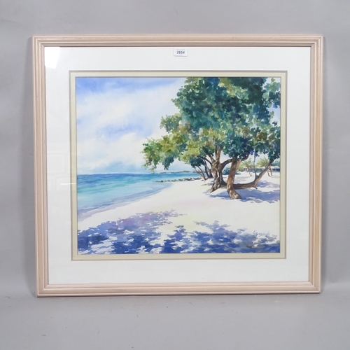 2854 - A modern watercolour, beach scene of the Cayman Islands, signed in the bottom right-hand corner, Loi... 