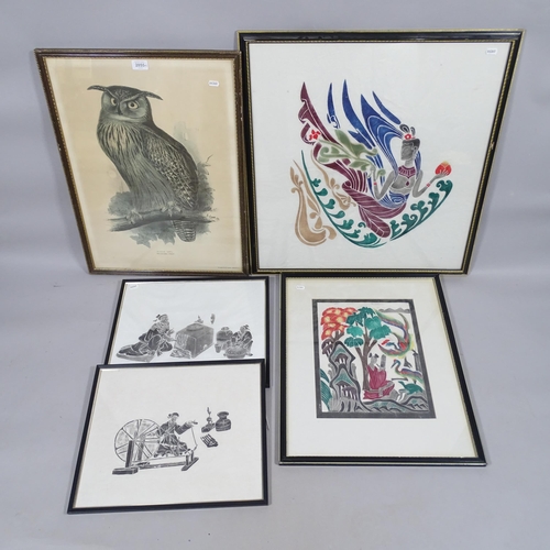 2855 - A group of Oriental woodblock pictures, and a print of an eagle owl, from the Biltmore House library... 