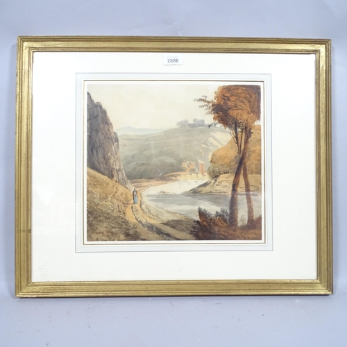 2888 - 19th century British School, river landscape, watercolour, unsigned, 30cm x 34cm, framed