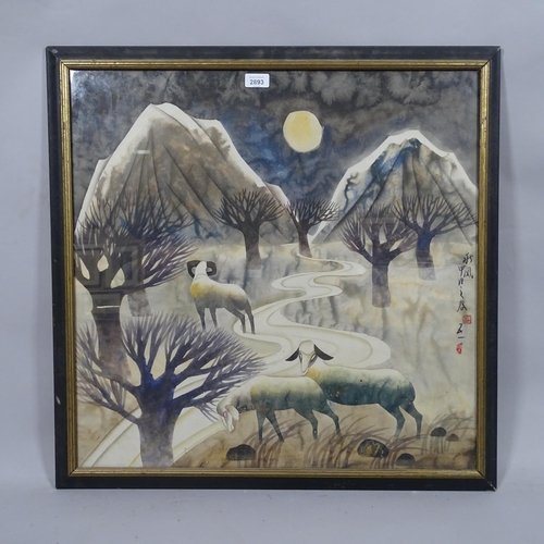 2893 - Chinese School, watercolour, sheep by moonlight, signed with chop, 64cm x 64cm, framed