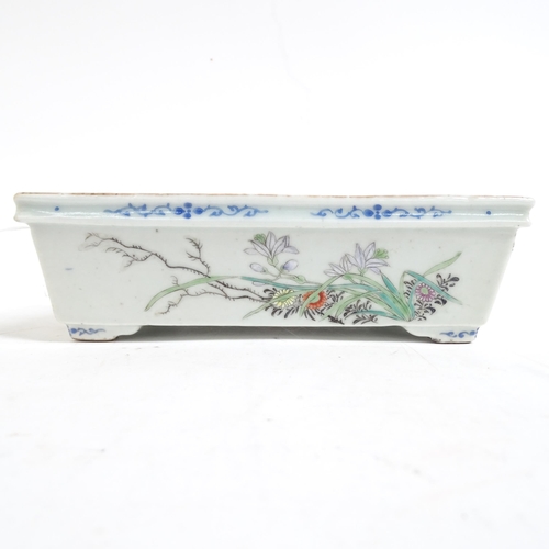 323 - A Chinese rectangular porcelain bonsai tree jardiniere, with famille rose hand painted floral decora... 