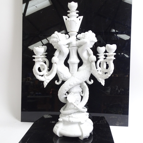 344 - An ornate 5-branch ceramic candelabrum, with mermaid figure supports, H62cm