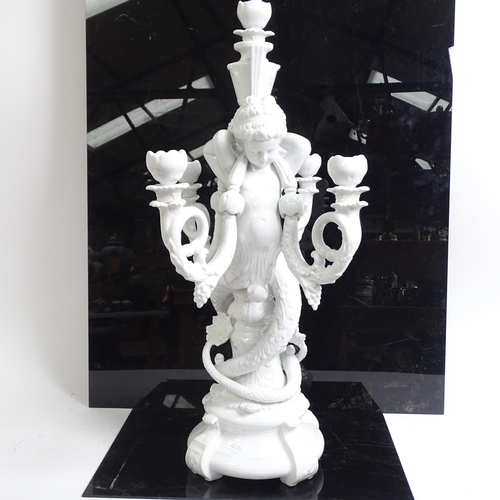 344 - An ornate 5-branch ceramic candelabrum, with mermaid figure supports, H62cm