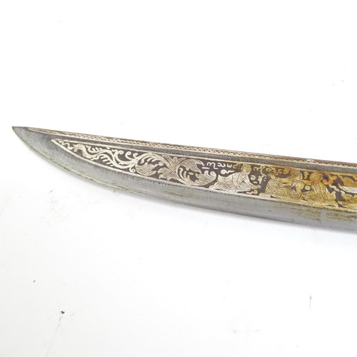 728 - A Middle Eastern sword with engraved decoration, L84cm, with brass scabbard, Oriental bamboo walking... 