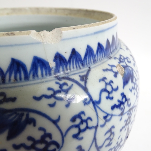 734 - A Chinese blue and white jardiniere, H17.5cm, Imari bowl, ginger jar, and a pot decorated with butte... 