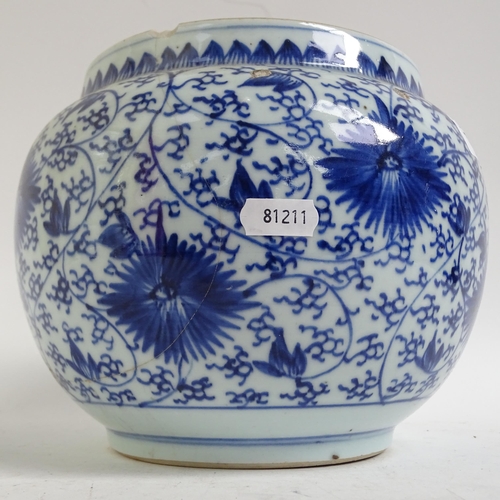 734 - A Chinese blue and white jardiniere, H17.5cm, Imari bowl, ginger jar, and a pot decorated with butte... 