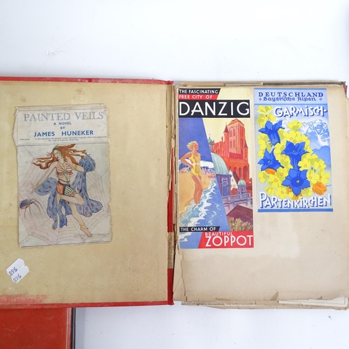 568 - 3 x 1920s and 1930s scrapbooks, with newspaper cuttings, book covers and cards