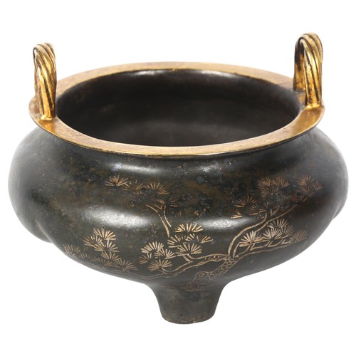 119 - A Chinese bronze 2-handled censer, with gilded bamboo and blossom decoration, on 3 feet, width 12cm,... 