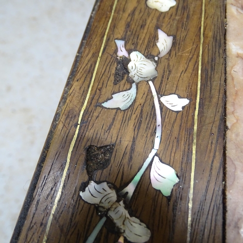 2505 - A Chinese hardwood square occasional table with inset marble top, mother of pearl inlay and carved a... 