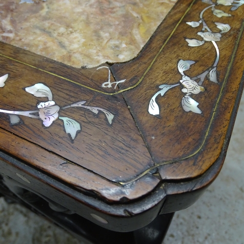 2505 - A Chinese hardwood square occasional table with inset marble top, mother of pearl inlay and carved a... 