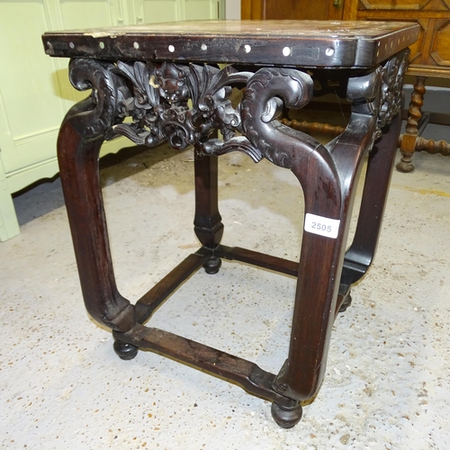 2505 - A Chinese hardwood square occasional table with inset marble top, mother of pearl inlay and carved a... 