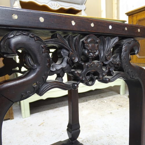 2505 - A Chinese hardwood square occasional table with inset marble top, mother of pearl inlay and carved a... 