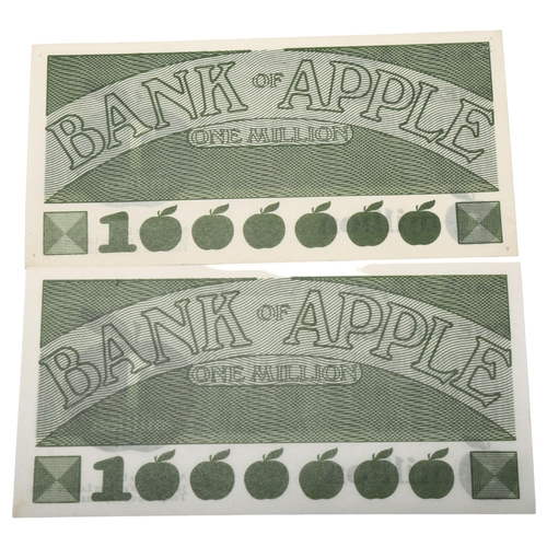 14 - Beatles Interest - A pair of Bank of Apple, One Million, promotional notes, 14.5 x 7.5cm