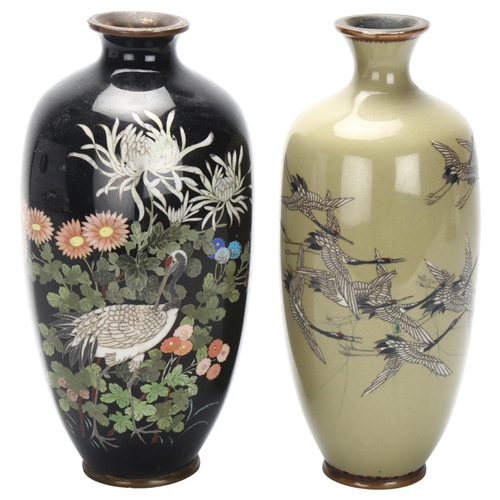 18 - 2 Japanese cloisonne enamel vases, depicting Red Crowned Cranes, height 19cm