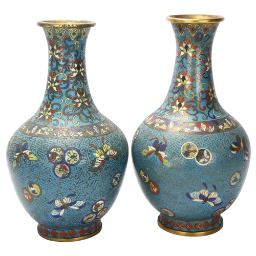 19 - A pair of Antique Chinese bronze cloisonne enamel vases, with butterfly decoration, height 28cm, A/F