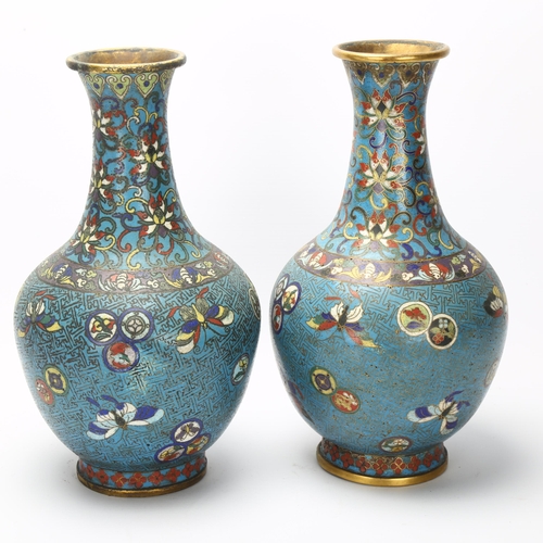 19 - A pair of Antique Chinese bronze cloisonne enamel vases, with butterfly decoration, height 28cm, A/F