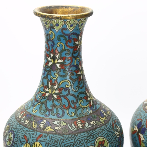 19 - A pair of Antique Chinese bronze cloisonne enamel vases, with butterfly decoration, height 28cm, A/F