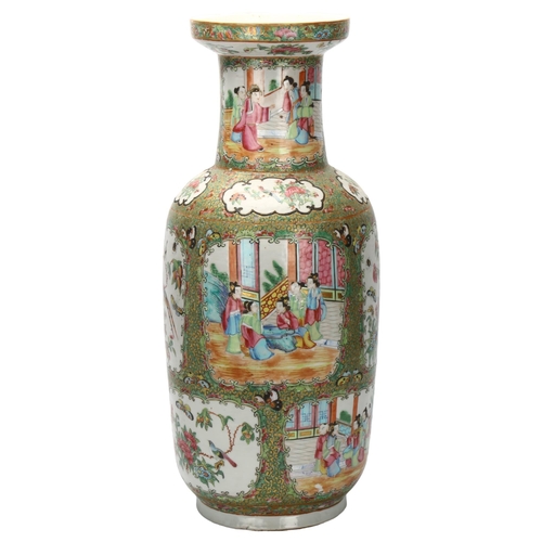 22 - A Chinese Canton famille rose ceramic rouleau vase, with hand painted and enamelled figures in court... 