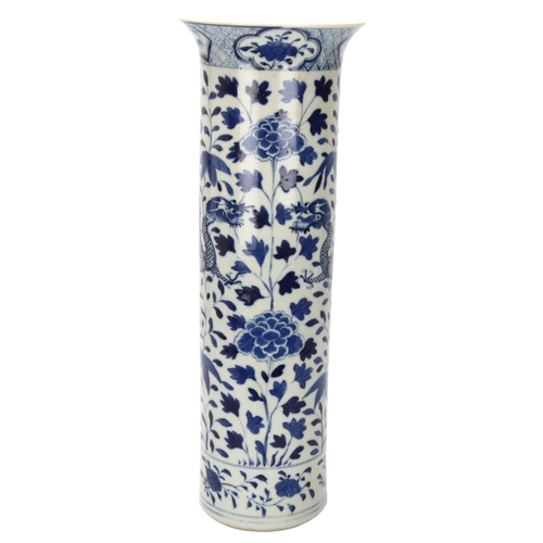 24 - A Chinese blue and white 'Dragon' sleeve vase, with hand painted dragon and chrysanthemum decoration... 