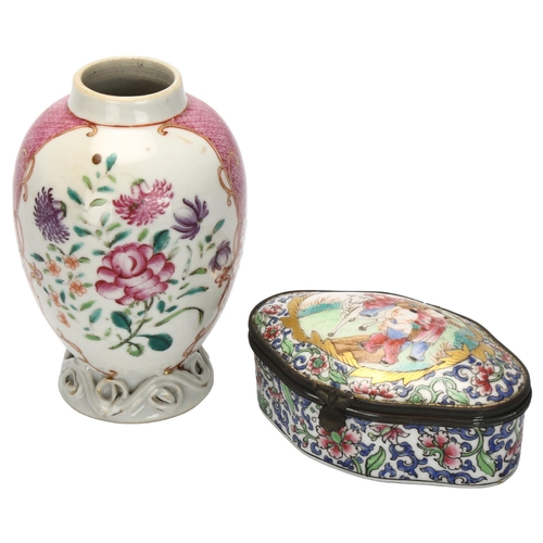 27 - A 19th century Samson ovoid vase and a small Chinese hand painted porcelain jewel box, vase height 1... 