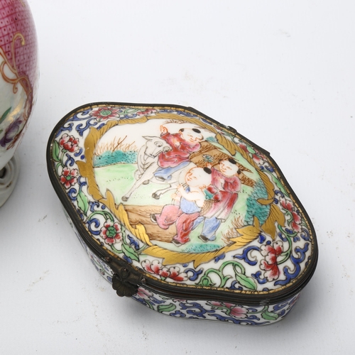 27 - A 19th century Samson ovoid vase and a small Chinese hand painted porcelain jewel box, vase height 1... 