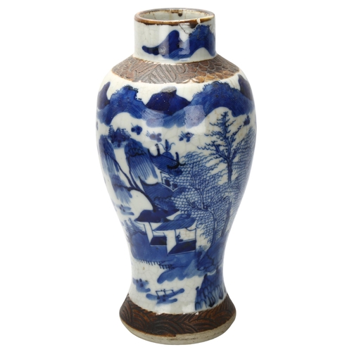 29 - A Chinese blue and white crackle glaze baluster vase, with hand painted village and mountain scene, ... 