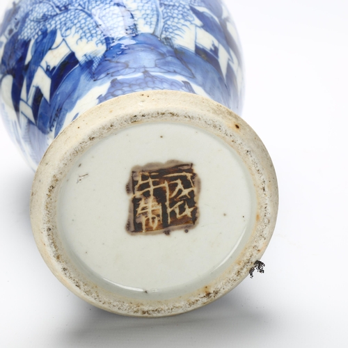 29 - A Chinese blue and white crackle glaze baluster vase, with hand painted village and mountain scene, ... 