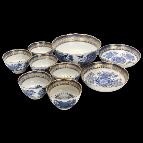 31 - A group of Chinese blue and white chrysanthemum porcelain, comprising 6 x tea bowls, 2 x dishes, and... 