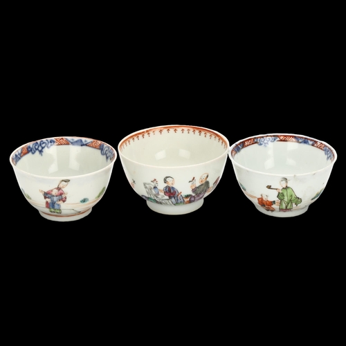 32 - 3 Chinese porcelain tea bowls, with hand painted figural decoration, largest diameter 8cm (3)