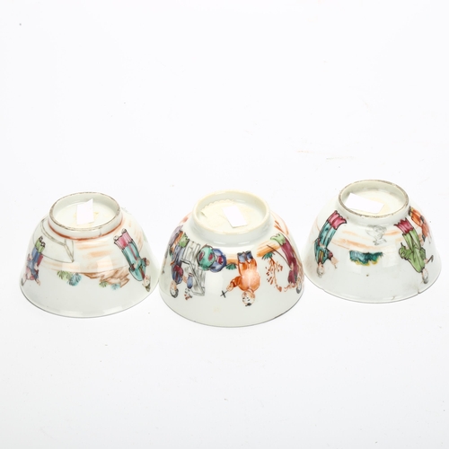 32 - 3 Chinese porcelain tea bowls, with hand painted figural decoration, largest diameter 8cm (3)